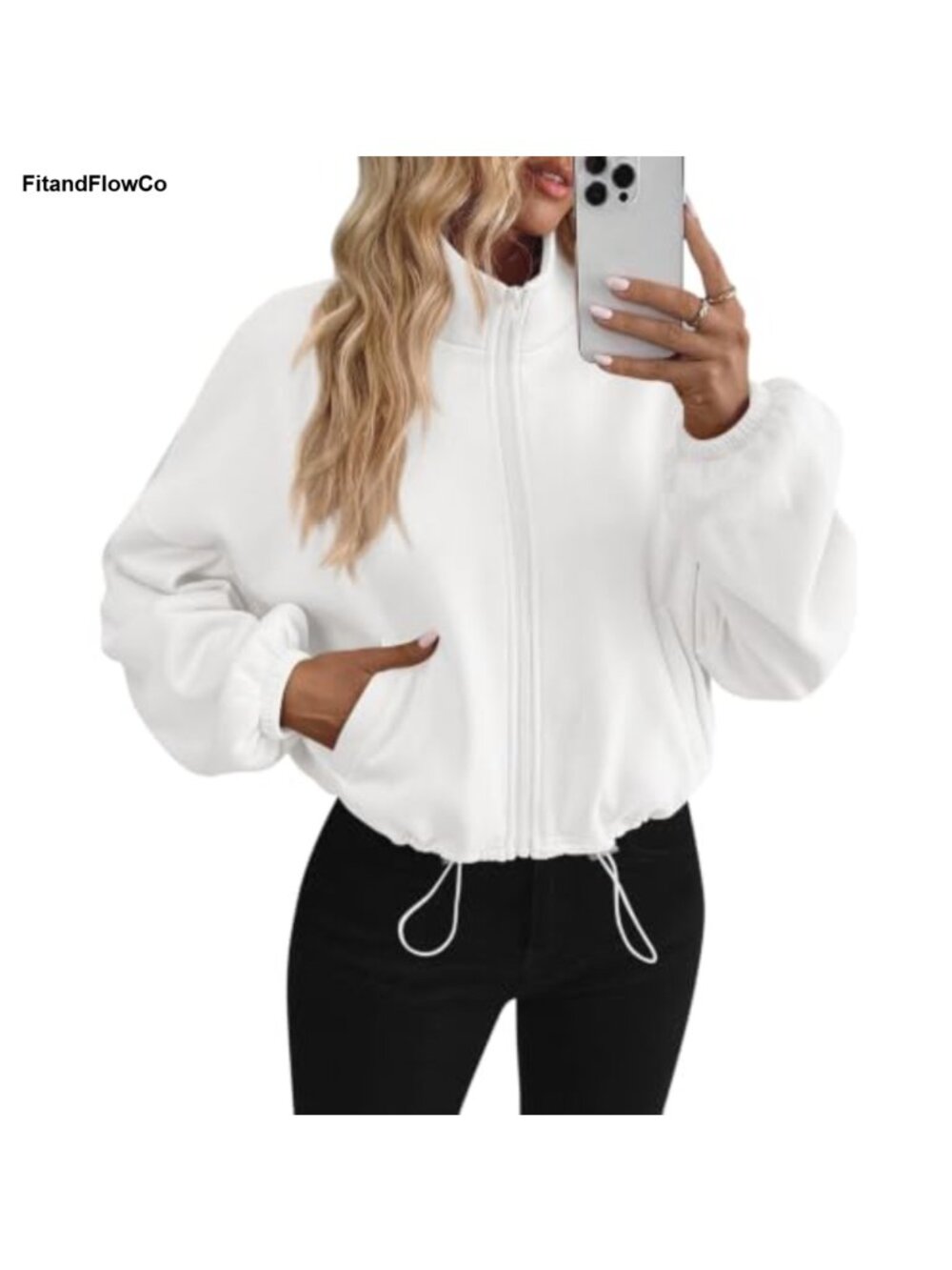 Cropped Fleece Zip Up Sweatshirt Stand Collar Drawstring Hem Pockets